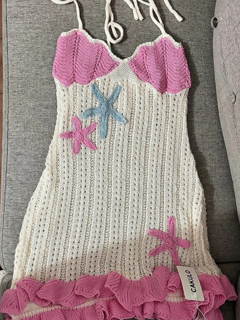 Camilo Mini Crochet Dress in Pink & Cream Like New
